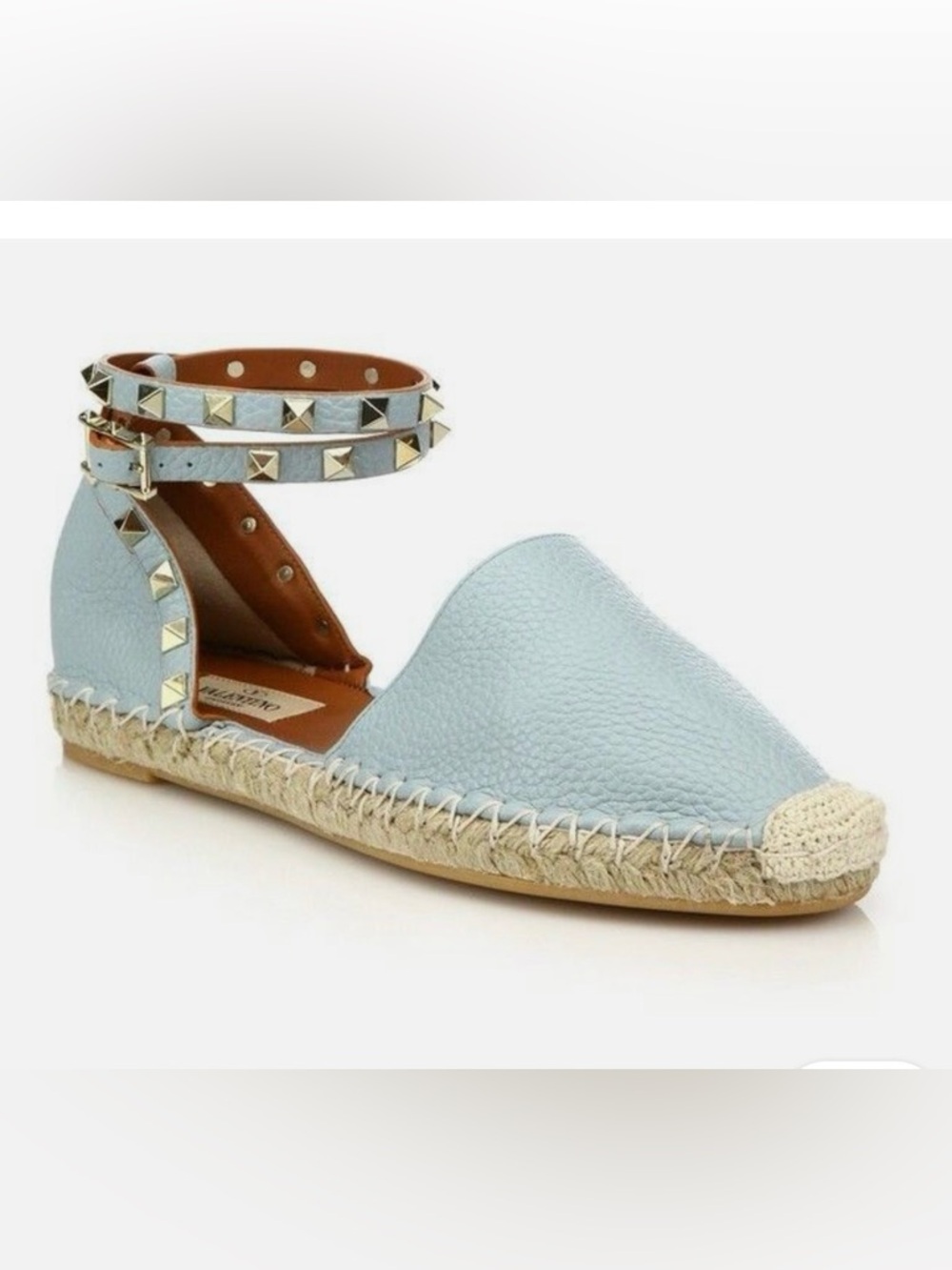 Valentino Light Blue Rockstud Leather Ankle-Wrap Espadrilles